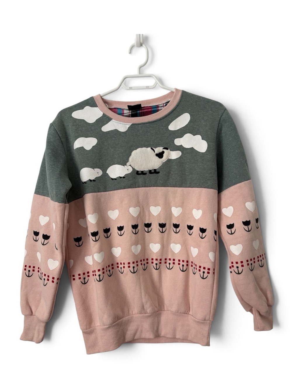 Pink Gray Sheep Heart Tulip Print Fleece Lined Crewneck Sweatshirt Sz S